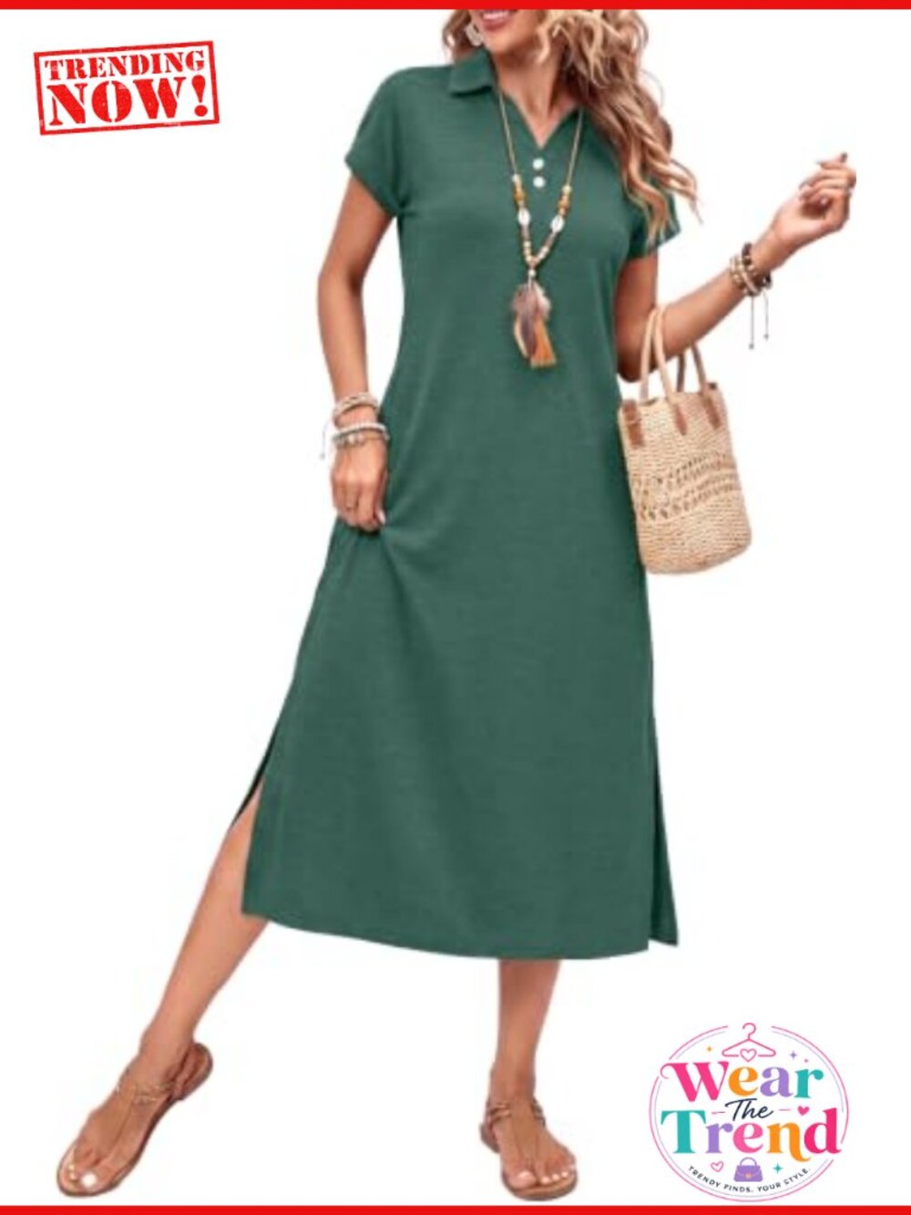 Women's Maxi Dress Cap Sleeve V Neck Collared Tshirt Dress Side Slit Pockets